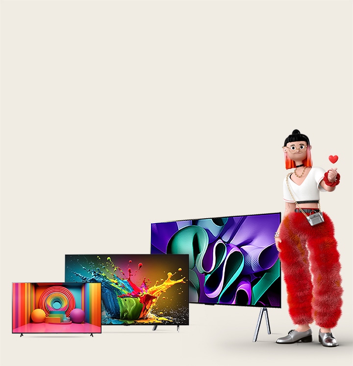 Una figura femenina animada hace un corazón con sus manos junto a tres televisores OLED/QNED: el primero es un LG OLED TV, el segundo es un LG QNED TV sobre un soporte, y el tercero es un LG OLED TV M4 con un soporte de 2 polos. A la izquierda aparece la frase “¿Cómo elijo el mejor televisor?” y un botón rojo con las palabras “Más información”.