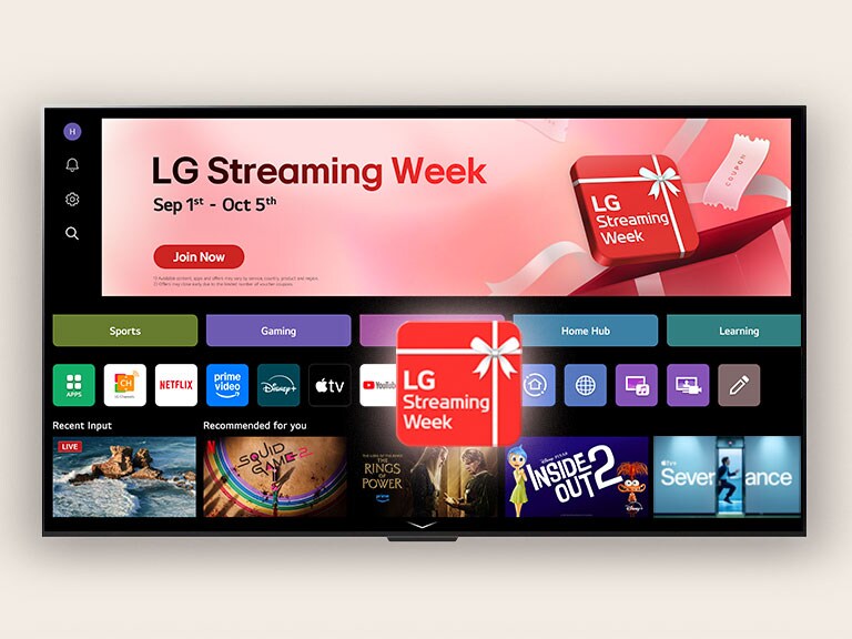 La pantalla de inicio de LG webOS tiene un recuadro rojo que dice "LG Streaming Week".