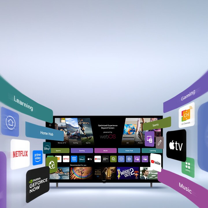 Televisor inteligente LG que muestra una pantalla de inicio webOS con aplicaciones de entretenimiento y elementos de interfaz de usuario de LG Channels que se expanden dinámicamente hacia afuera y resaltan más de 4000 aplicaciones y canales globales.
