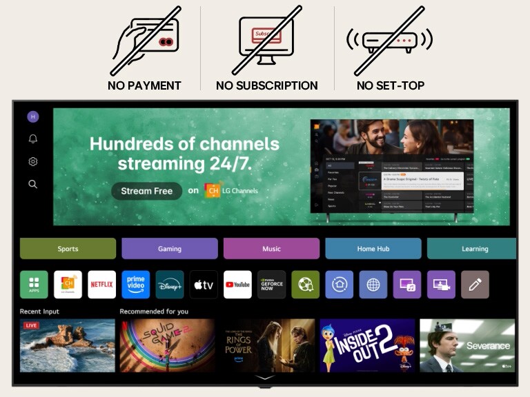 La pantalla de inicio de la LG Smart TV navega por la interfaz de LG Channels, donde se muestra una variedad de canales de televisión en directo gratuitos, películas y contenido exclusivo disponible sin suscripción, pago o decodificador. El video destaca el acceso fluido a cientos de opciones de entretenimiento integradas directamente en todas las LG Smart TV.