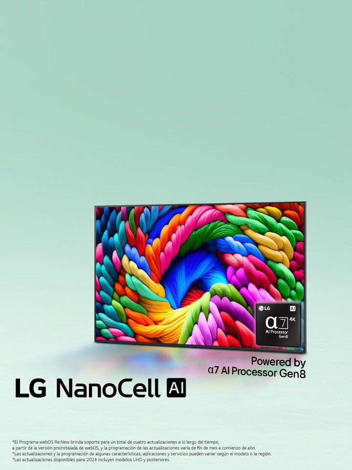 LG NanoCell TV se encuentra ligeramente inclinada hacia la izquierda y muestra hilos de colores. El logotipo del procesador alpha 7 AI Gen8 aparece integrado en la esquina inferior derecha de la televisión. El fondo es un degradado verde azulado claro. También puede verse el texto: Con la tecnología del procesador alpha 7 AI Gen8.