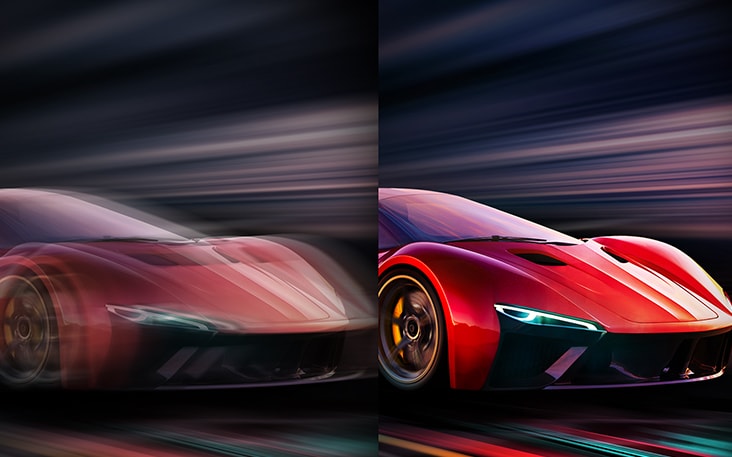Comparación en paralelo de un juego de carreras de automóviles y la diferencia en la frecuencia de actualización. Por un lado, la frecuencia de actualización es menor, lo que produce más desenfoque de movimiento. Por el otro, la frecuencia de actualización es alta y muestra el automóvil completamente enfocado.