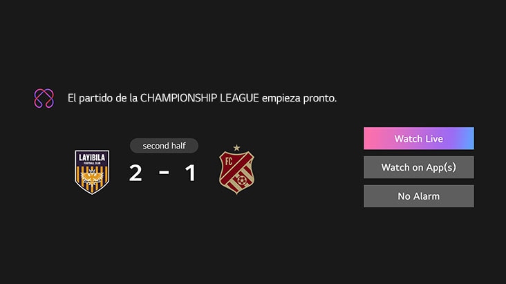 Se muestra Sports Notification. Es un recordatorio de que el partido de la liga está a punto de comenzar. Los botones de CTA también están visibles: ver en vivo, ver en la aplicación, sin alarma.
