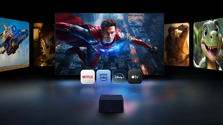 Diferentes pantallas que muestran una gran variedad de contenidos 4K. También se ven los logotipos de las plataformas de streaming OTT más populares. Netflix, Amazon Prime Video, Disney+ y Apple TV.