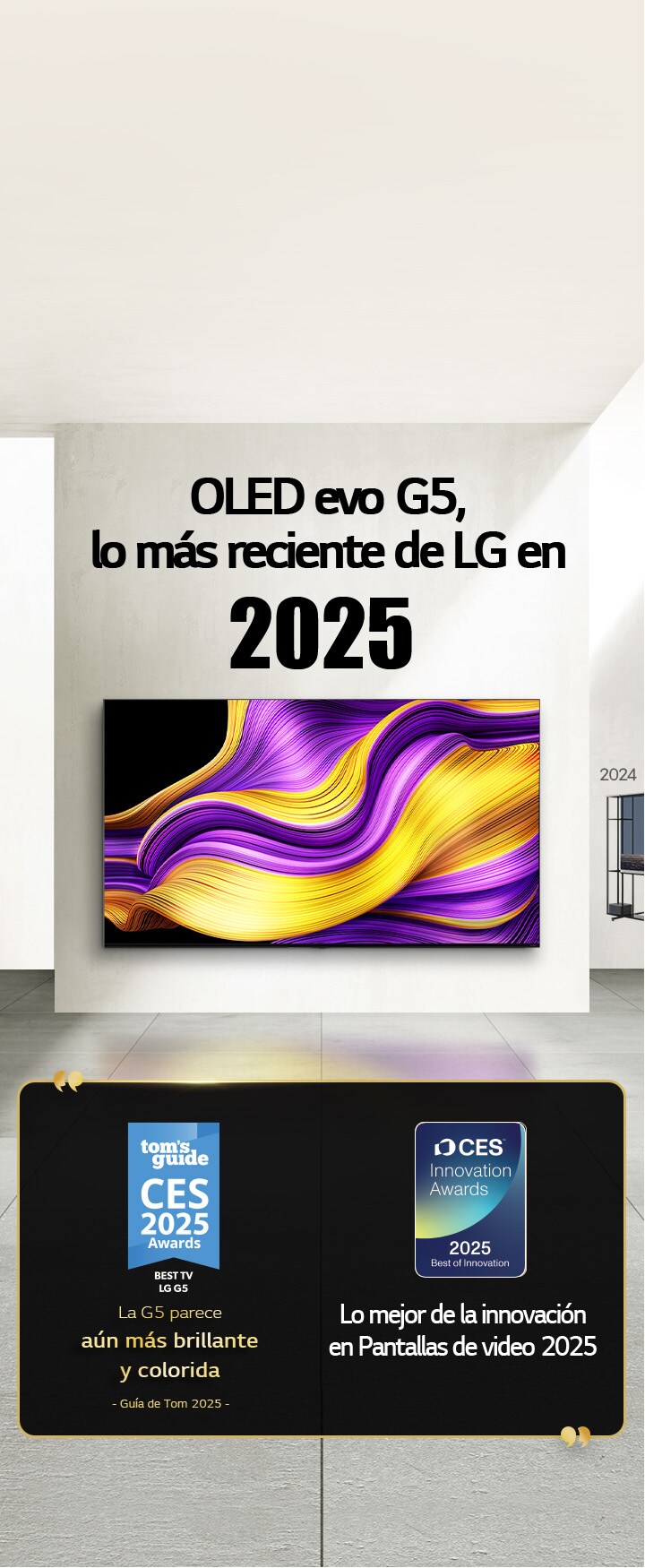 LG TV. El título dice “La última OLED evo G5 de LG 2025”. Junto a él, las menciones de los premios. La Guía de Tom: “La G5 parece aún más brillante y colorida”. Lo mejor de la innovación en Pantallas de video 2025 de los premios CES Innovation Awards. 