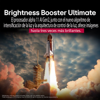 Un transbordador espacial despegando del suelo. La escena se divide por la mitad, con una mitad ligeramente más oscura y apagada. La otra mitad muestra cómo la explosión del cohete es notablemente más brillante, lo que demuestra cómo las imágenes pueden ser más luminosas en una pantalla de la LG OLED TV con la estructura de emisión de luz y la arquitectura de control de iluminación de Brightness Booster Max.