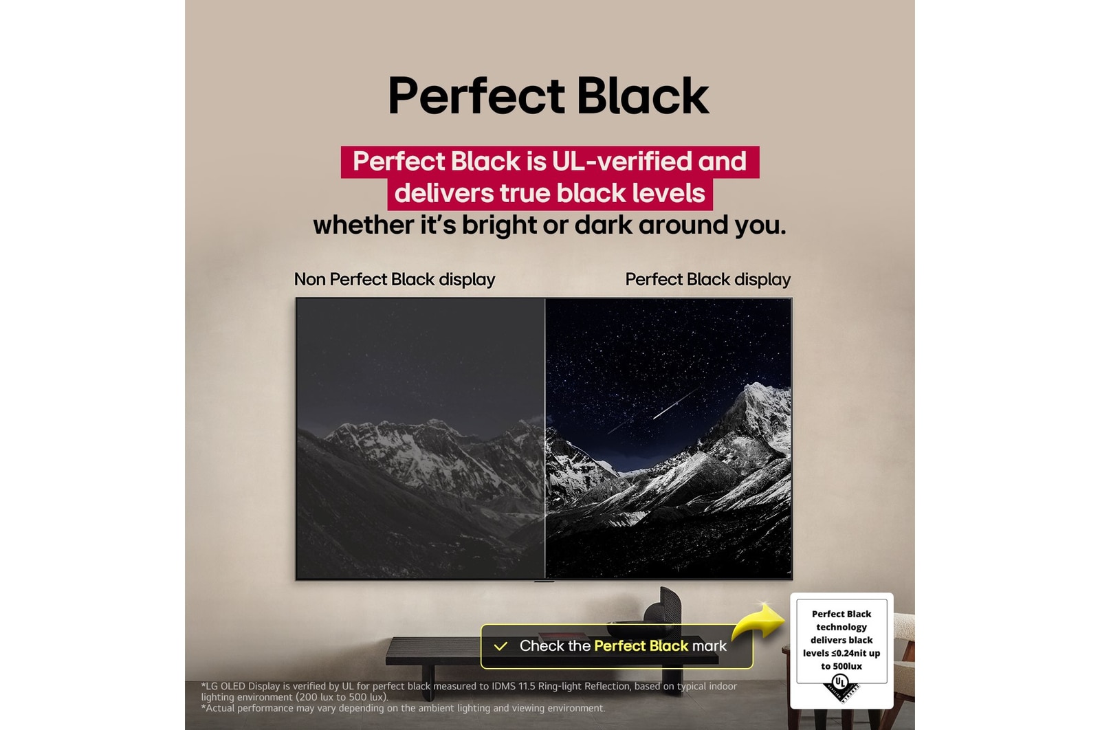 Sala de estar con una LG OLED TV montada en la pared. En la TV, se muestra una cadena montañosa bajo un cielo nocturno oscuro lleno de estrellas. Esta escena está dividida a la mitad para mostrar cómo Negro Perfecto ofrece verdaderos niveles de negro, ya sea que haya luz u oscuridad a tu alrededor. Una mitad de la imagen muestra una versión más opaca y gris del paisaje, con la etiqueta: Pantalla mate. La otra mitad muestra una imagen más atractiva con un mayor rango dinámico de negros y blancos. Esta mitad dice: Pantalla negro perfecto. También puede verse el logotipo de certificación: La tecnología Negro Perfecto ofrece niveles de negro inferiores o iguales a 0,24 nit y hasta 500 lux. A su lado, hay un globo de texto que dice: Verifica la marca de certificación Negro Perfecto.