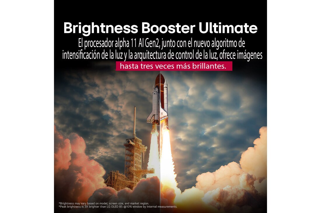 Un transbordador espacial despegando del suelo. La escena se divide por la mitad, con una mitad ligeramente más oscura y apagada. La otra mitad muestra cómo la explosión del cohete es notablemente más brillante, lo que demuestra cómo las imágenes pueden ser más luminosas en una pantalla de la LG OLED TV con la estructura de emisión de luz y la arquitectura de control de iluminación de Brightness Booster Max.