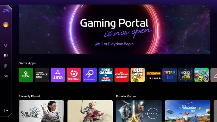 Pantalla principal del portal de juegos. El cursor se mueve y hace clic para mostrar muchos juegos populares, así como la función adicional de poder seleccionar juegos según el tipo de control que tengas, ya sea un mando de juegos o el control remoto. 