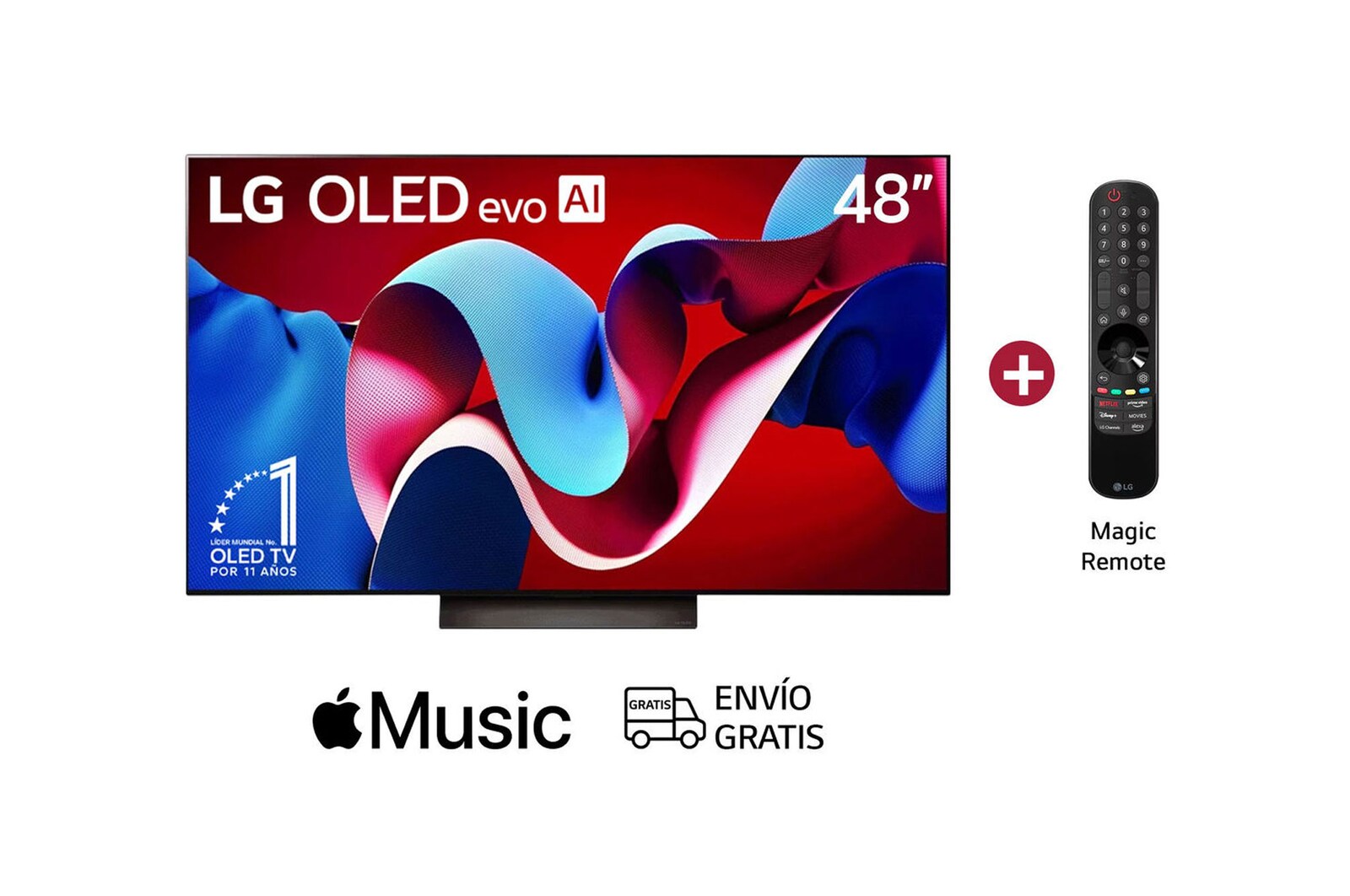 Vista frontal con LG OLED evo AI TV, OLED C4, el emblema de 11 años como líder mundial OLED y el logotipo del programa webOS Re:New en la pantalla