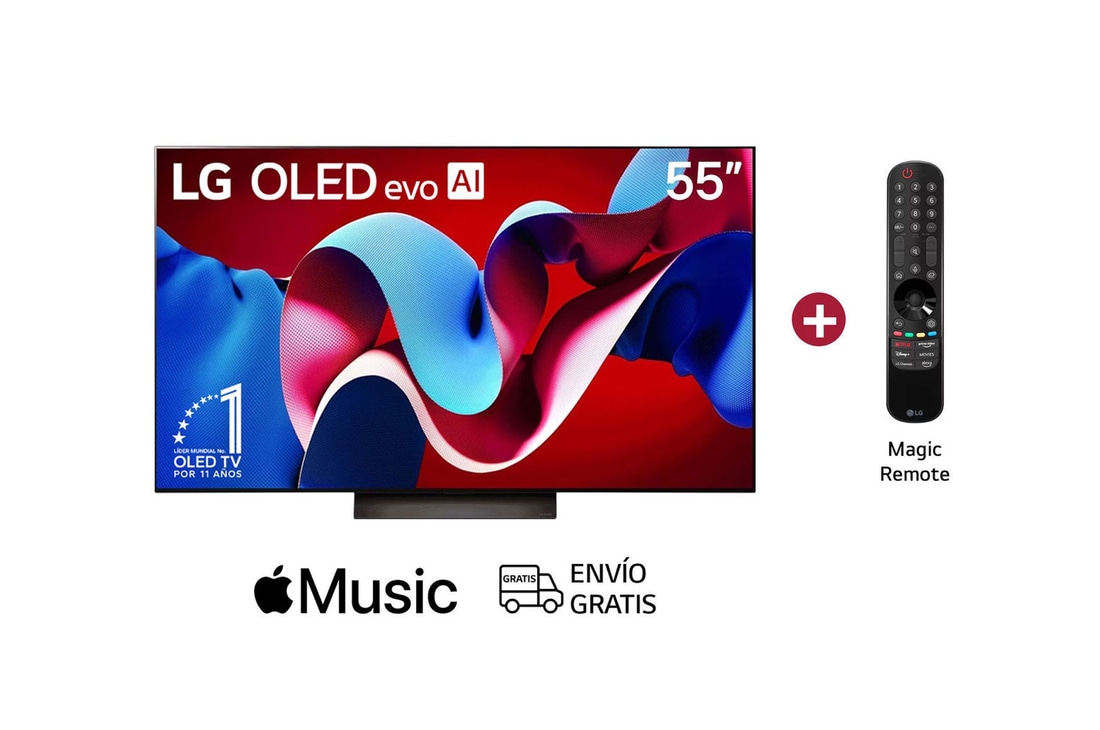 Vista frontal con LG OLED evo AI TV, OLED C4, el emblema de 11 años como líder mundial OLED y el logotipo de webOS Re:New Program en la pantalla