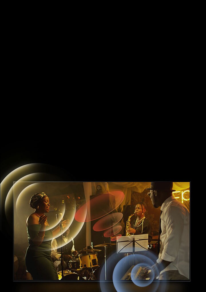 El televisor LG OLED evo  muestra a músicos tocando, con gráficos de círculos brillantes alrededor de los micrófonos y los instrumentos.
