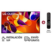 Vista frontal con LG OLED evo AI TV, OLED G4, emblema de 11 años como líder mundial OLED y logotipo del webOS Re:New Program en la pantalla