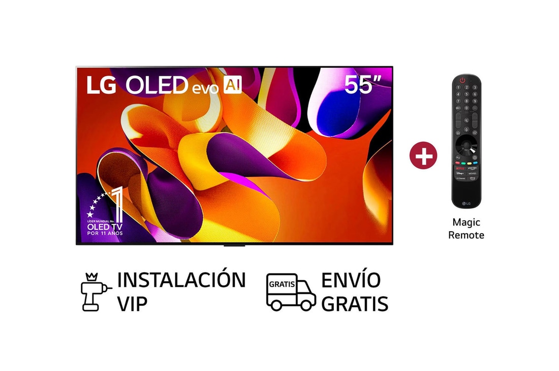 Vista frontal con LG OLED evo AI TV, OLED G4, emblema de 11 años como líder mundial OLED y logotipo del webOS Re:New Program en la pantalla