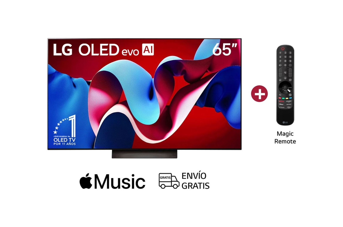 Vista frontal con LG OLED evo AI TV, OLED C4, el emblema de 11 años como líder mundial OLED y el logotipo de webOS Re:New Program en la pantalla