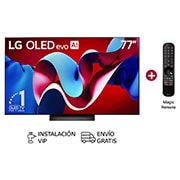 Vista frontal con LG OLED evo AI TV, OLED C4, el emblema de 11 años como líder mundial OLED y el logotipo de webOS Re:New Program en la pantalla