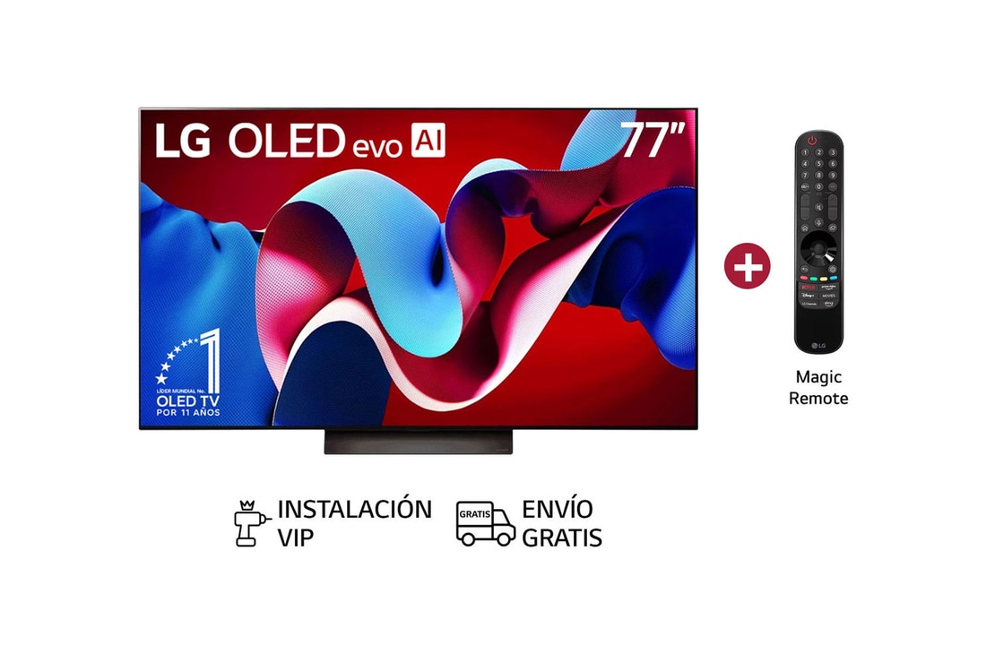 Vista frontal con LG OLED evo AI TV, OLED C4, el emblema de 11 años como líder mundial OLED y el logotipo de webOS Re:New Program en la pantalla