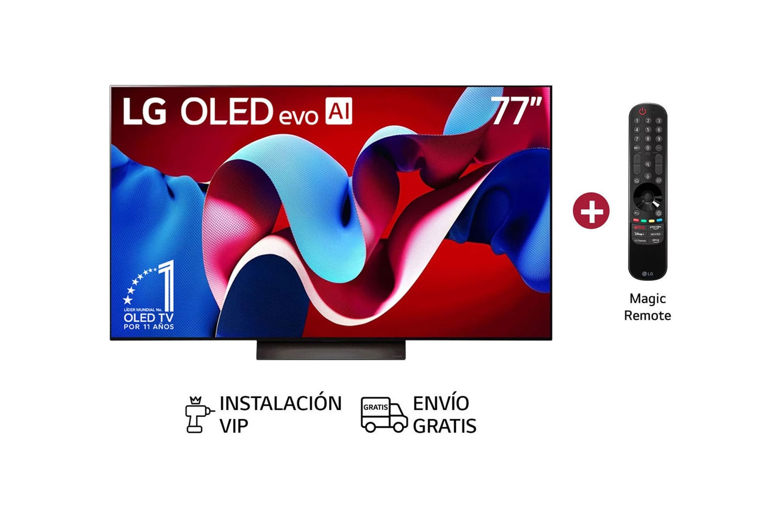 Vista frontal con LG OLED evo AI TV, OLED C4, el emblema de 11 años como líder mundial OLED y el logotipo de webOS Re:New Program en la pantalla