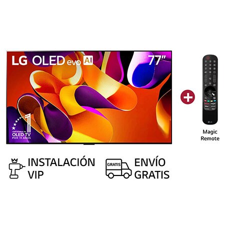 Vista frontal con LG OLED evo TV, OLED G4, el emblema de 11 años de OLED número 1 del mundo y el logotipo de 5 años de garantía del panel en la pantalla