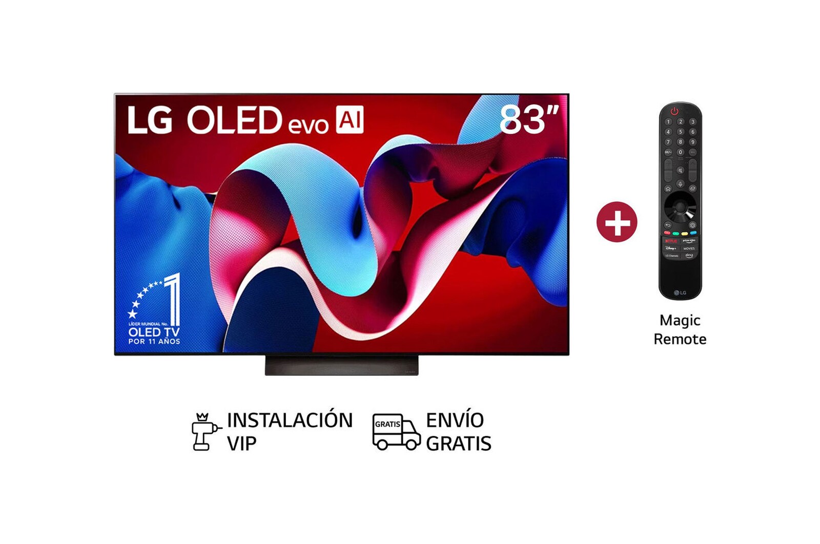 Vista frontal con LG OLED evo AI TV, OLED C4, el emblema de 11 años como líder mundial OLED y el logotipo del programa webOS Re:New en la pantalla