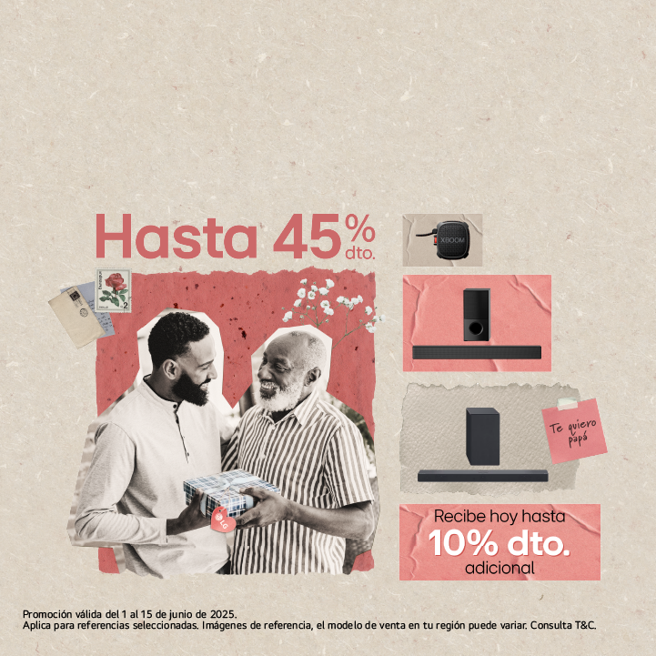 Papá e hijo con un regalo con imagén de Audio LG, con imagen de descuento de 10% dto. adicional