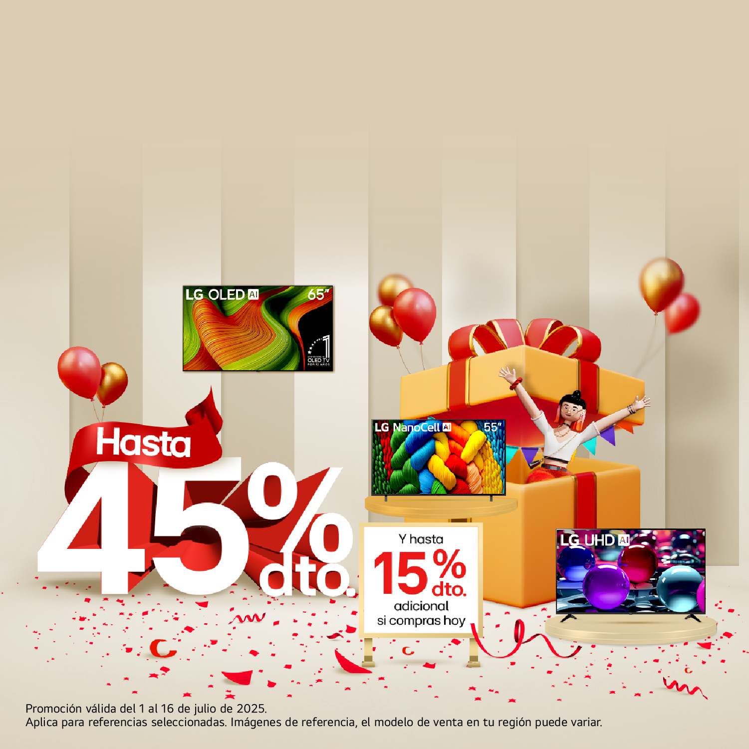 Festival de descuentos LG con Televisiores porcentaje de descuento 45% y un 15% adicional con fondo de rayas