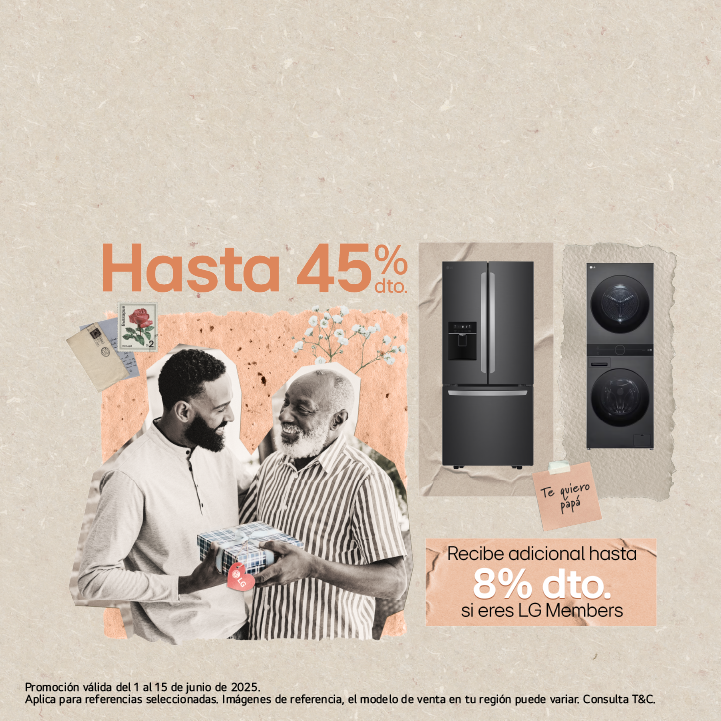 Papá e hijo con un regalo con imagén instaview y nevera, con imagen de descuento de 8% solo LG Member