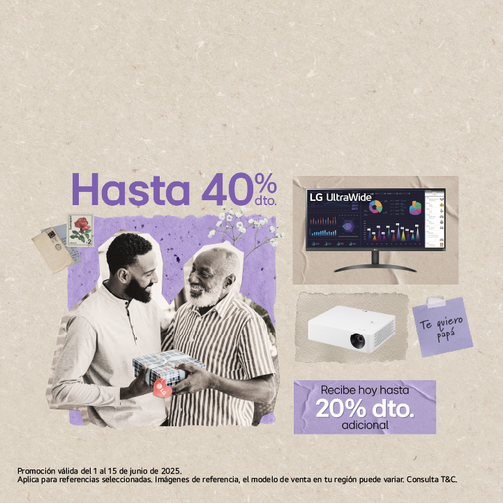 Papá e hijo con un regalo con imagén de Monitores LG, con imagen de descuento de 20% dto. adicional