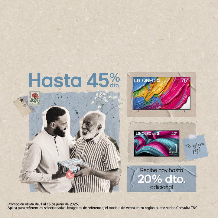 Papá e hijo con un regalo con imagén de Televisores LG, con imagen de descuento de 20% dto. adicional