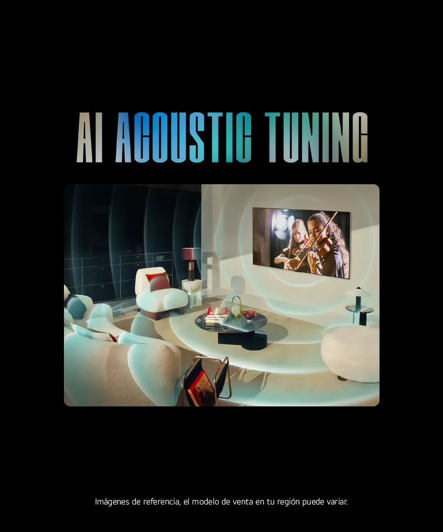 Ai acustic tuning con televisor y barra de sonido en sala de estar se ven las ondas acusticas en el aire
