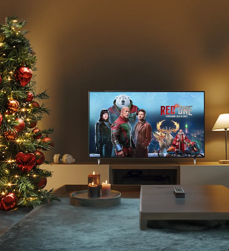 Televisor con barra de sonido LG en Sala de estar y arbol de navidad