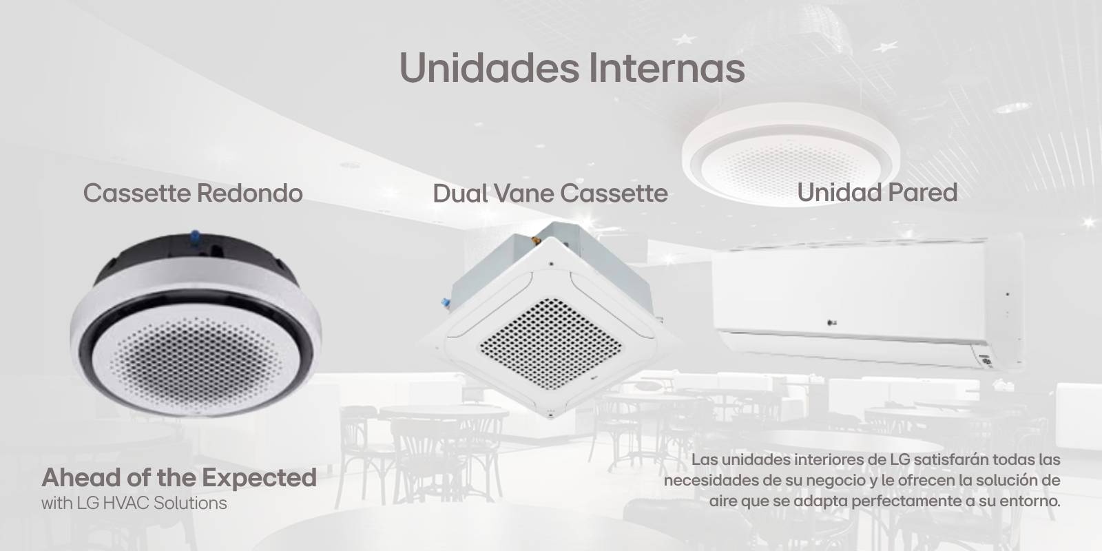 Unidades internas de Aire Acondicionado:  Cassette Redondo,  Dual Vane Cassette y  Unidad Pared