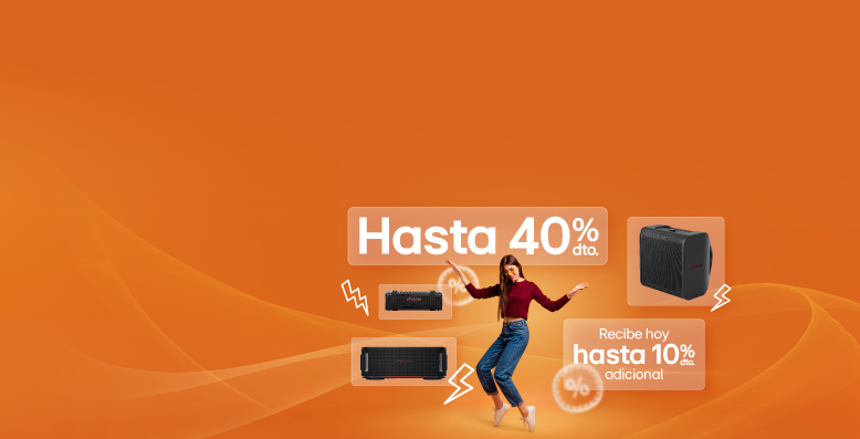 Mujer en pie con parlantes y barras de sonido LG, en fondo naranja y información de 45% de dto. y hasta 10% dto. adicional 