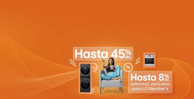 Mujer en silla con electrodomesticos LG: washtower, lavadora carga superior, estufa, en fondo naranja y información de 45% de dto. y hasta 8% dto. adicional exclusivo LG Member