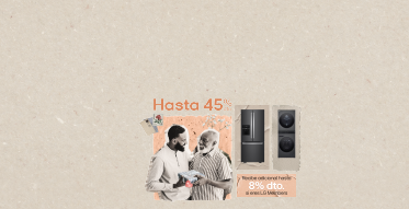 Papá e hijo con un regalo con imagén instaview y nevera, con imagen de descuento de 8% solo LG Member