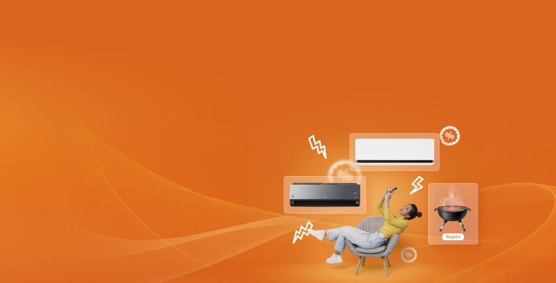 Mujer sentada con imagén de Aires Acondicionados LG y el regalo de un asador de mesa en fondo naranja
