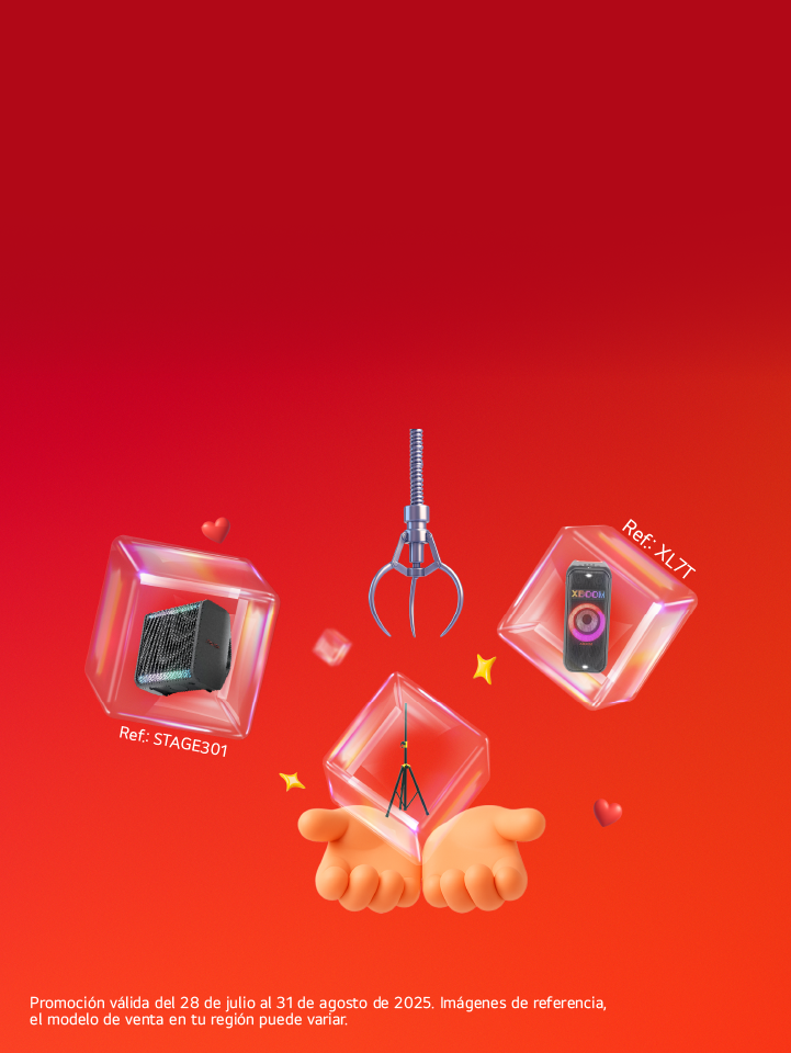 Banner promocional para una oferta combinada de un parlante LG XBOOM STAHE 301 o una torre de sonido LG XBOOM