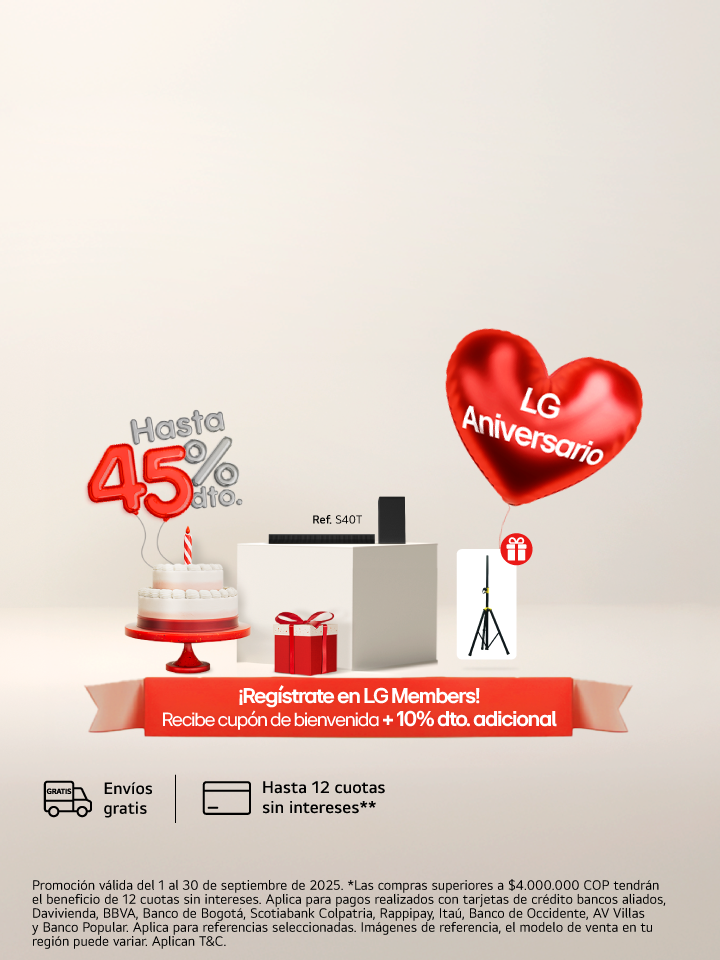 anner promocional aniversario lg, muestra un ponque un regalo, una lavadora carga superior lg  con un corazón