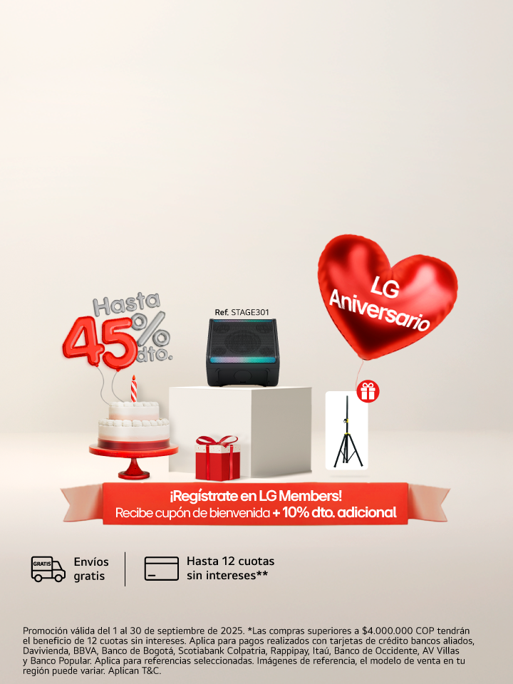 anner promocional aniversario lg, muestra un ponque un regalo, una lavadora carga superior lg  con un corazón