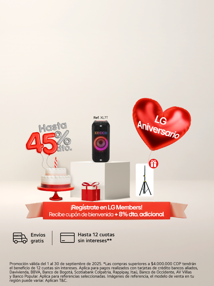 anner promocional aniversario lg, muestra un ponque un regalo, una lavadora carga superior lg  con un corazón