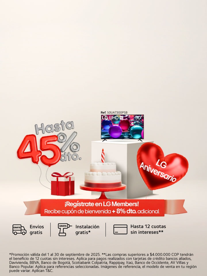 Banner promocional aniversario lg, muestra un ponque un regalo, una lavadora carga superior lg  con un corazón