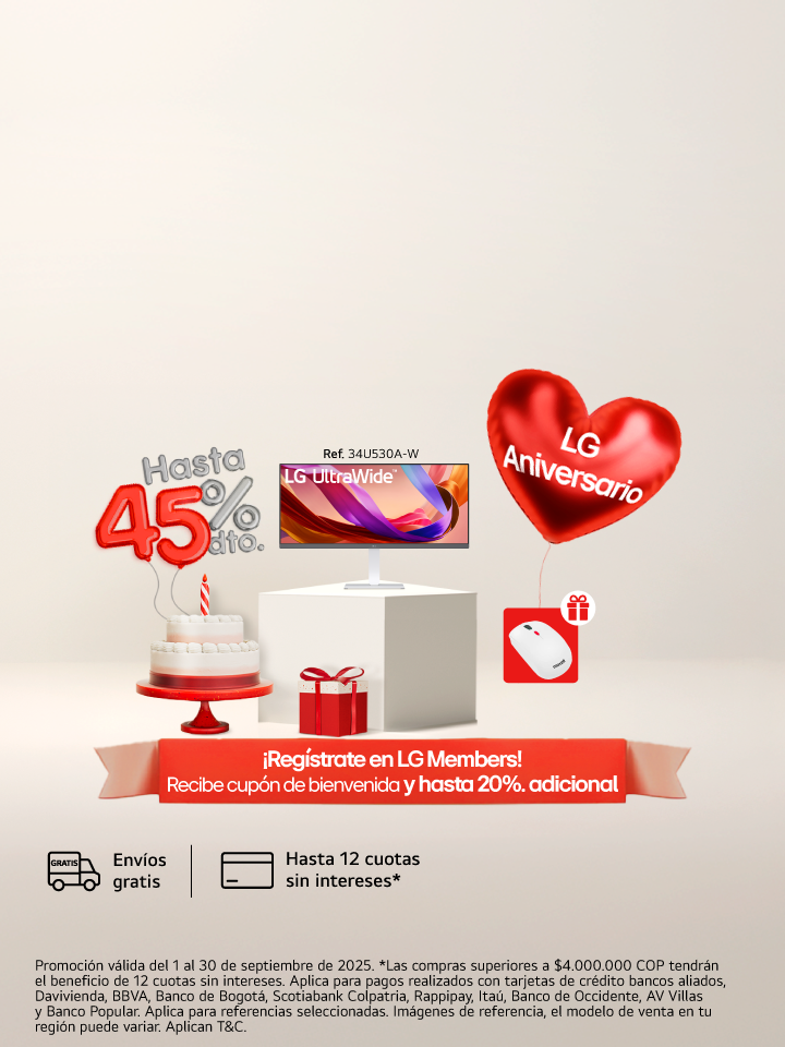 anner promocional aniversario lg, muestra un ponque un regalo, una lavadora carga superior lg  con un corazón