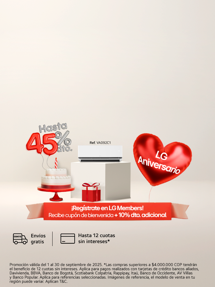 anner promocional aniversario lg, muestra un ponque un regalo, una lavadora carga superior lg  con un corazón
