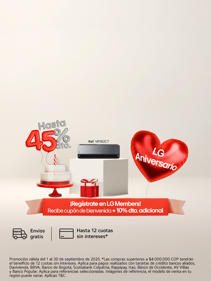 anner promocional aniversario lg, muestra un ponque un regalo, una lavadora carga superior lg  con un corazón