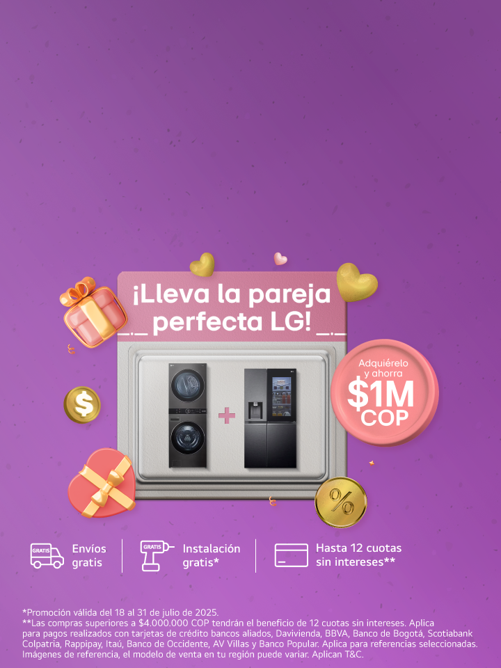 Banner promocional para una oferta combinada de electrodoméstico LG, que presenta una torre lavadora LG y un nevecón lg dentro de una caja de regalo,  con texto que resalta los ahorros y los detalles de entrega