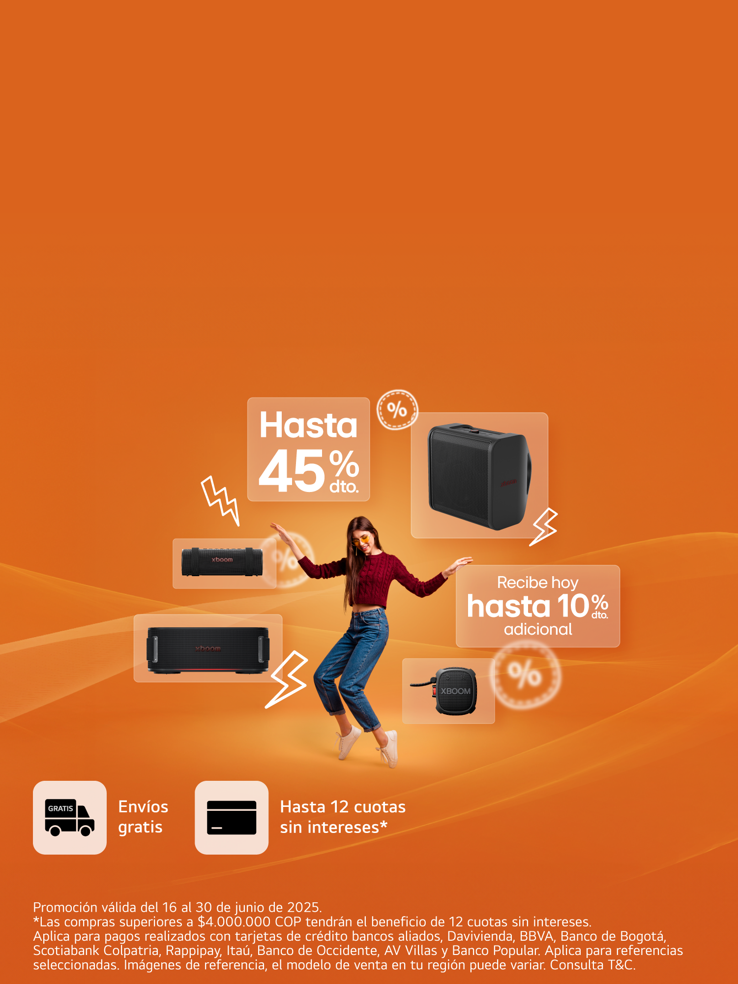 Mujer en pie con parlantes y barras de sonido LG, en fondo naranja y información de 45% de dto. y hasta 10% dto. adicional 