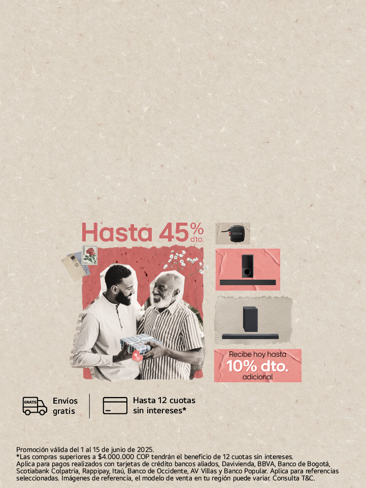 Papá e hijo con un regalo con imagén de Audio LG, con imagen de descuento de 10% dto. adicional