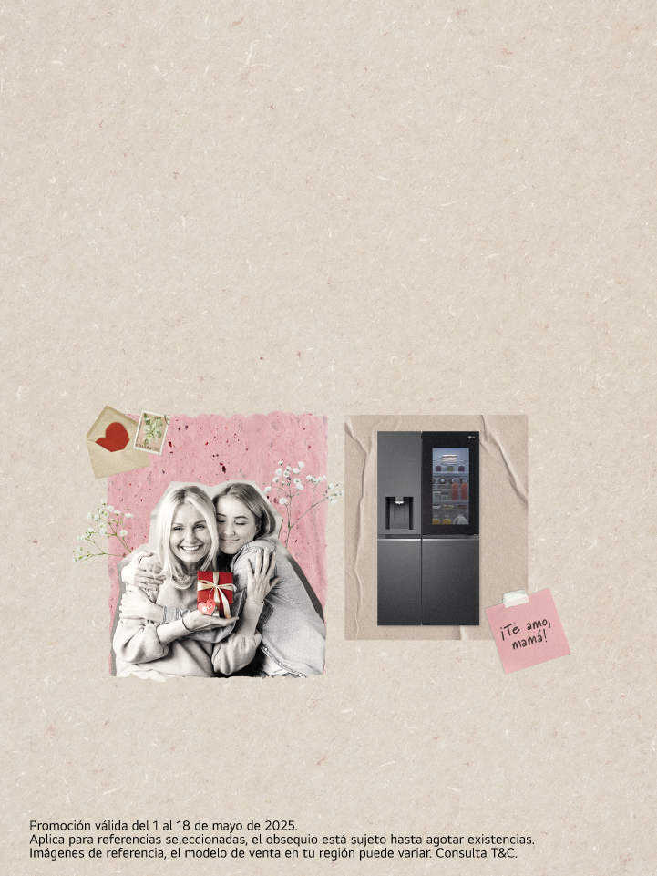 Imagen de mamá e hija con un regalo y nevera LG InstaView en fondo beige