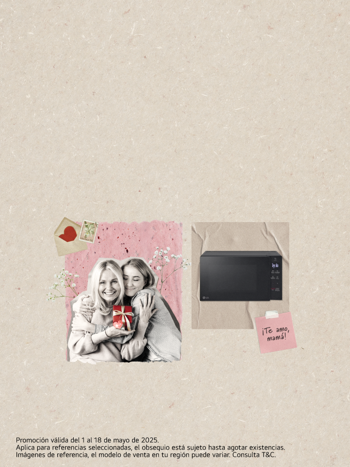 Imagen de mamá e hija con un regalo y horno microondas LG en fondo beige