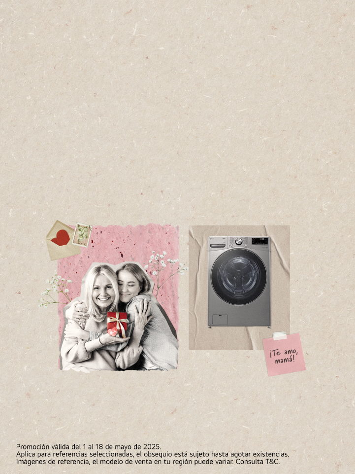 Imagen de mamá e hija con un regalo y lavadora carga frontal LG en fondo beige